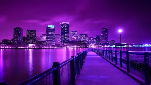 Neon violet waterfront cityscape under glowing night sky.