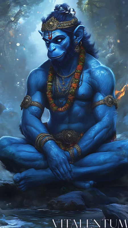 Blue simian deity rests in serene forest meditation.