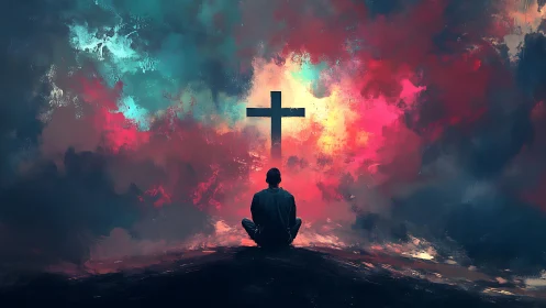 Solitary figure kneels before glowing cross in stormy sky