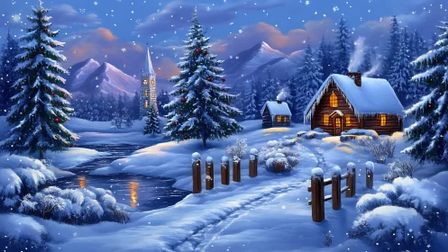 Snowy mountain village glows with warm winter cabin lights.