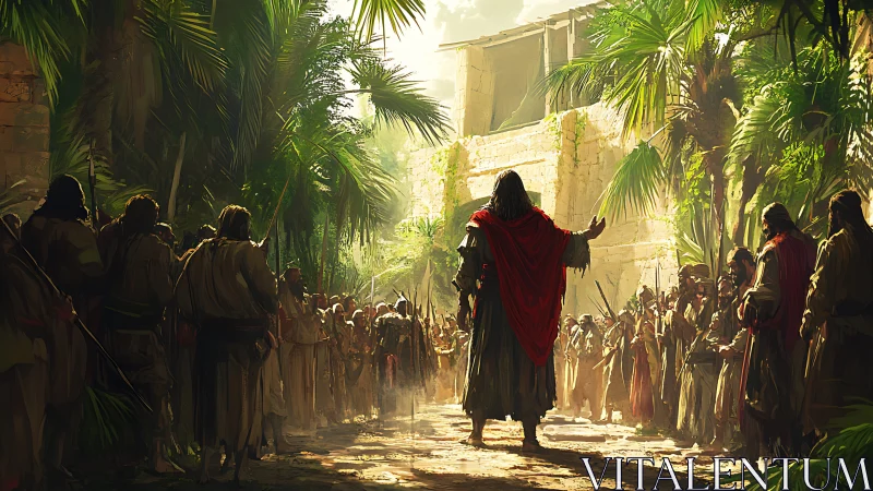 Sunlit leader addresses a gathered crowd in lush city street