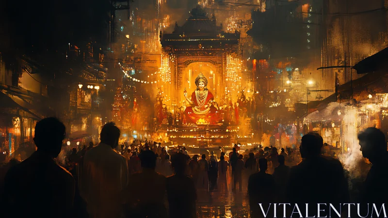 Urban night procession before illuminated deity shrine.