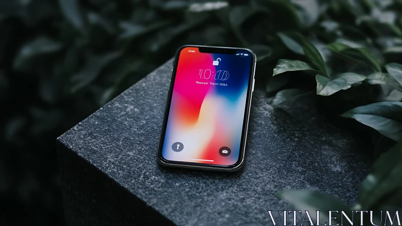 Mobile device on textured surface with foliage backdrop.