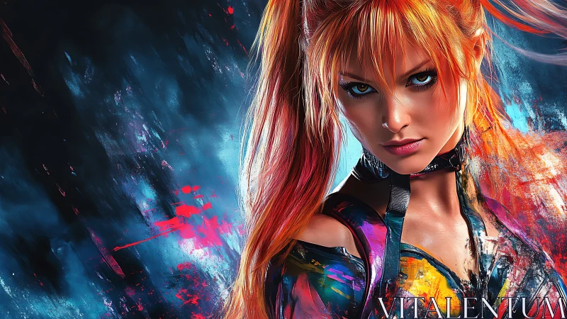 Neon warrior portrait in blazing abstract color storm.