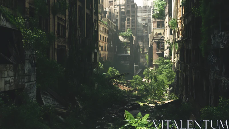 Quiet overgrown city canyon where ruins cradle bold green life.