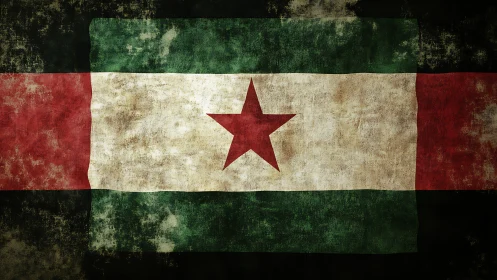 Weathered tricolor flag with central red star rendered in grunge