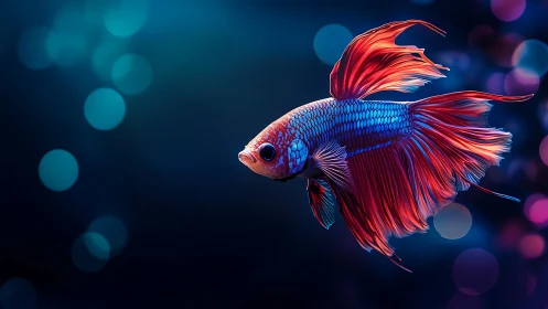 Betta fish glows against neon bokeh aquarium backdrop.