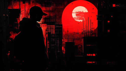 Solitary urban wanderer under a blazing red cyber moon.