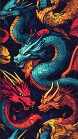 Coiling elemental dragons clash in a vivid, fiery tapestry