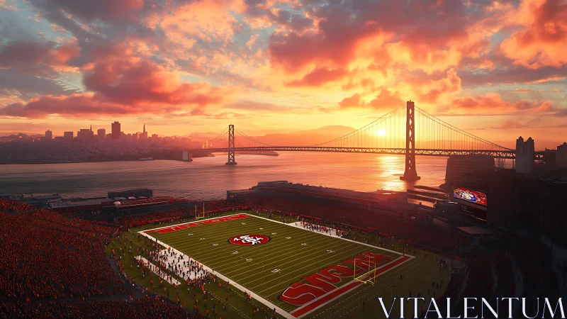 Sunset football stadium by bay bridge and city skyline.