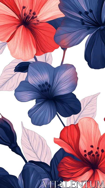 Floral Contrast: Red and Navy Blooms on White.