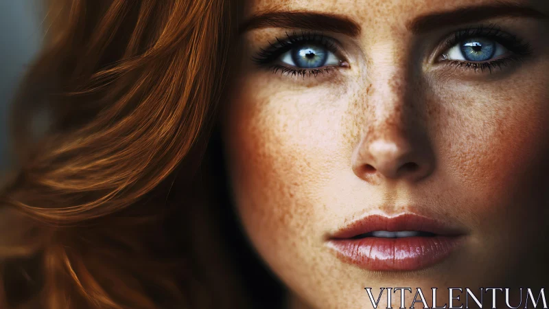 Close-up portrait of freckled woman with intense blue eyes.