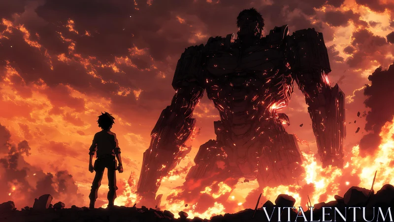 Silhouetted figure faces large mech amid burning debris field