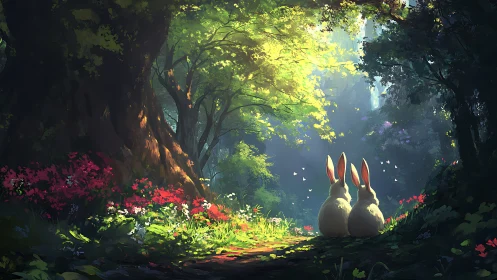 Two rabbits sit in a backlit forest clearing with flowers
