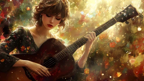 Young woman playing acoustic guitar in warm abstract light.