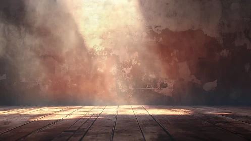 Dust-filled volumetric light cutting across worn wooden floor