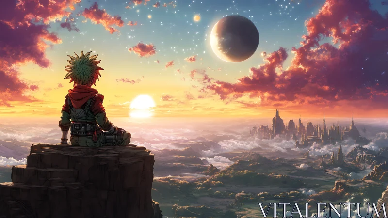 Anime wanderer watching twin suns over floating cityscape.
