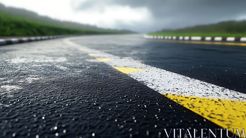 Macro closeup of wet asphalt highway curve with road markings