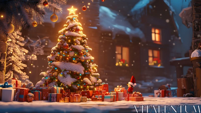 Snow-laden Christmas tree with gifts in warmly lit village courtyard