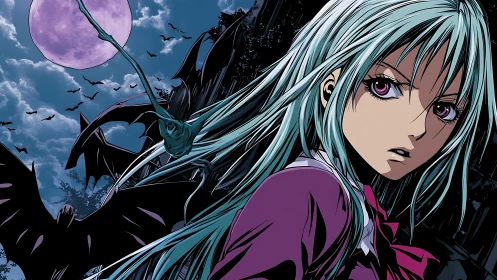 Nocturnal anime heroine amid bats and spectral moonrise field.