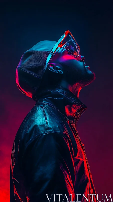 Neon lit profile of man in visor and leather jacket.