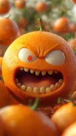 Hyper-detailed angry orange character in shallow depth render.