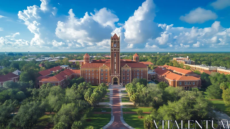 Red brick campus building with central clock tower aerial.