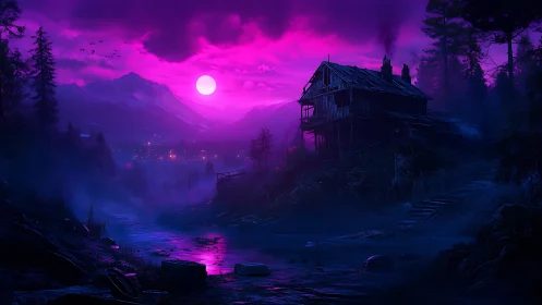 Derelict wooden house overlooks neon magenta moonlit river