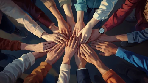 Diverse group teamwork concept with hands joined in unity, digital art.