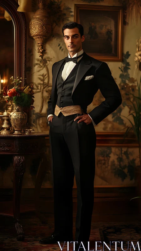 Elegant gentleman in black tuxedo in vintage parlor.