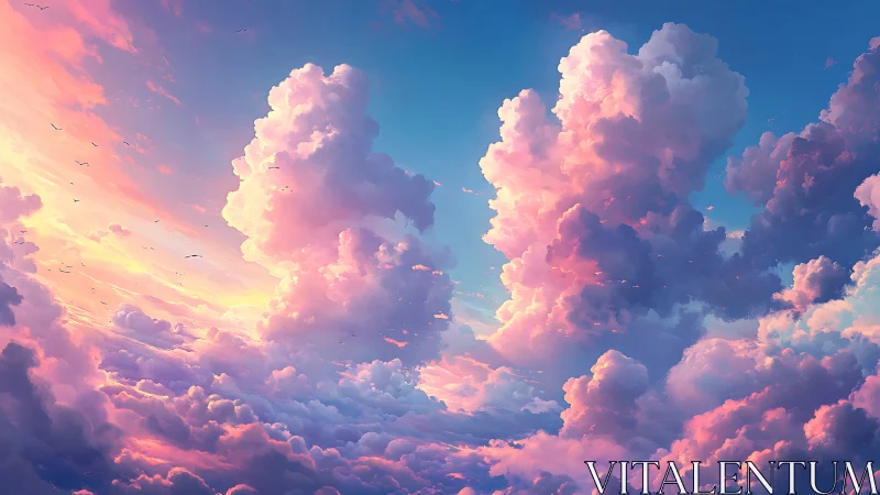 Sunlit cotton clouds drifting through a dreamy pastel sky.