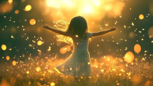 Sunlit meadow child dancing with golden drifting fireflies.