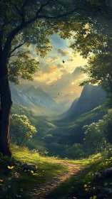 Mountain valley landscape framed by dense forest canopy with golden skylight