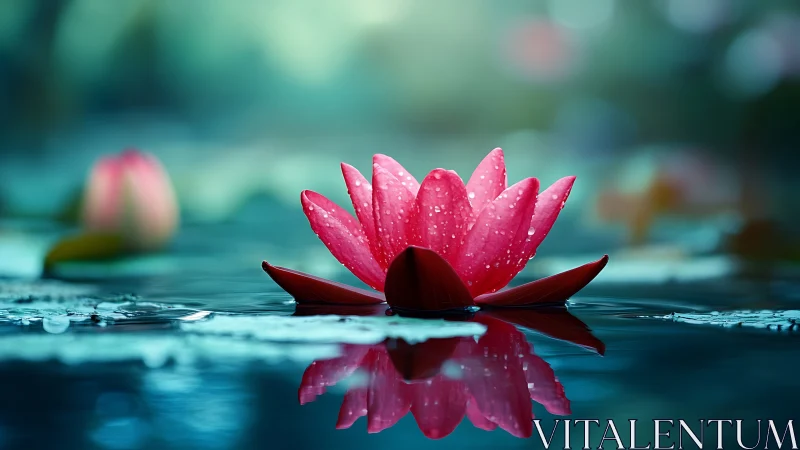 Pink water lily with reflection on calm blue surface.