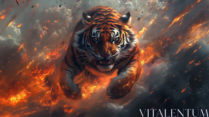Tiger in forward motion amid dense fiery explosion clouds.