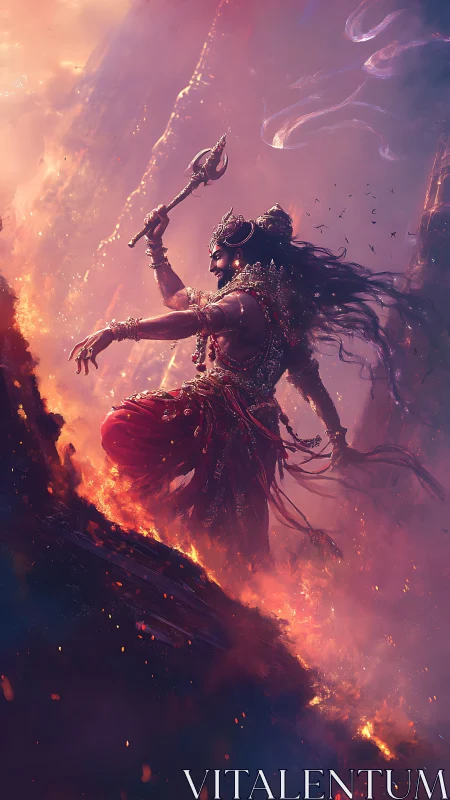 Mythic warrior with trident amid fire and smoke landscape.