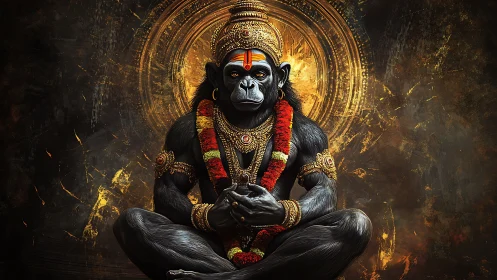 Simian deity portrait integrates ornate regalia and radiant halo