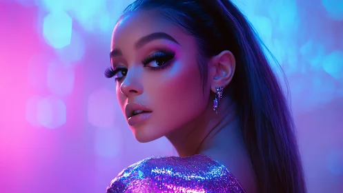 Neon-drenched glam muse in iridescent nightlife glow.