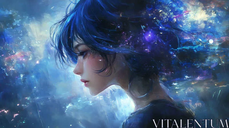 Side profile of woman with cosmic blue abstract background.