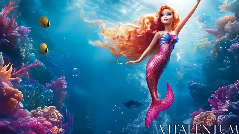 Mermaid doll glides through vibrant coral reef seascape.
