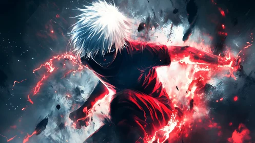 Dynamic white-haired fighter channels red energy in explosive motion