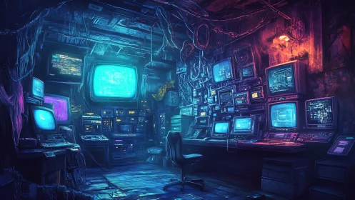 Cyberpunk hacker control room packed with vintage monitors