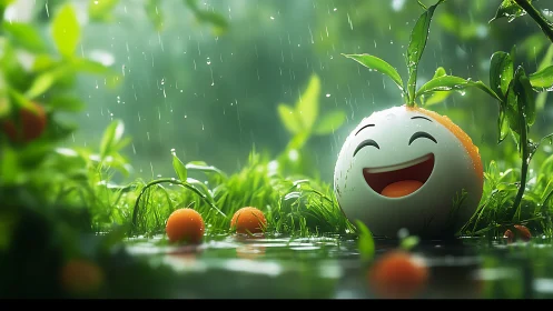 Smiling citrus character among wet grass in rainfall scene.