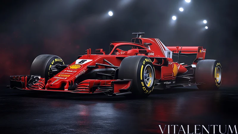 High-gloss red Formula race car under dramatic studio key lighting