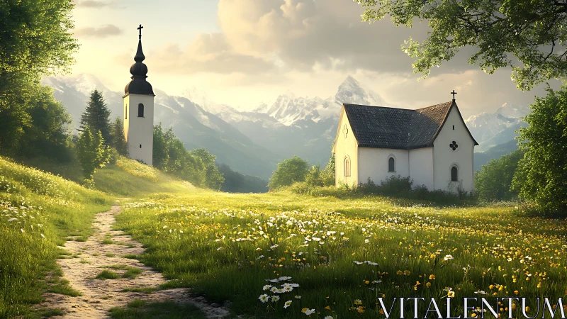 Sunlit alpine chapel rendered in high-detail digital painting