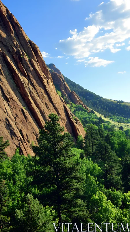 Sunlit red rock cliffs above dense evergreen forest valley.