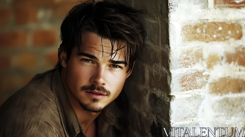 Portrait shows man leaning against brick wall in soft light