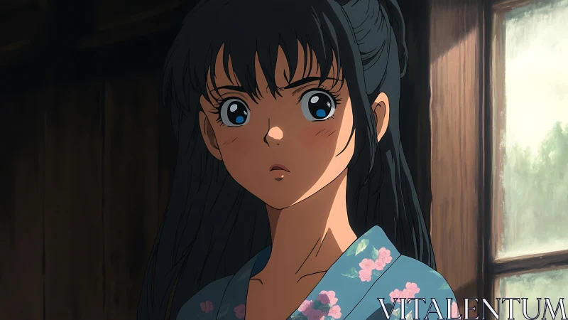 Blue eyed summer hush, startled girl in sunlit doorway.