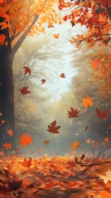 Crimson maple leaves swirling through misty forest air.