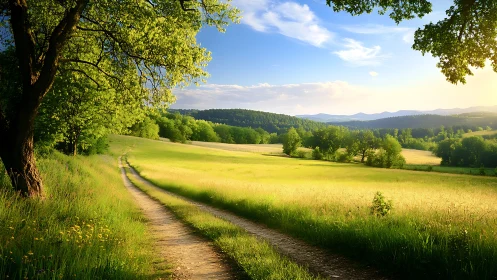 Country dirt path through bright green summer fields.